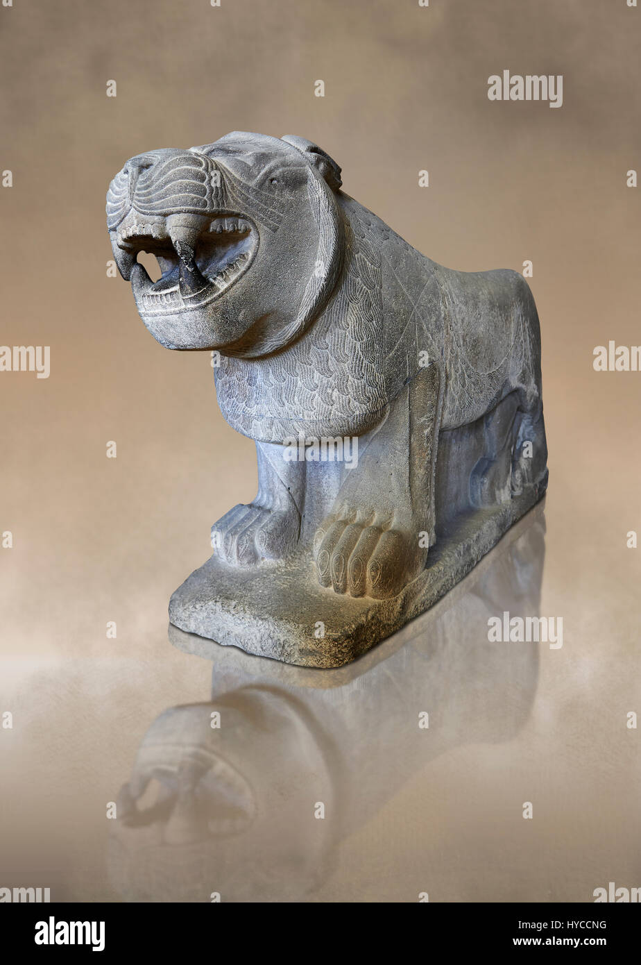 Lion sculptures from the city gate of  Sam'al - Zincirli. Neo Syro Hittite. Basalt 8th century BC. Pergamon Museum Berlin. Stock Photo