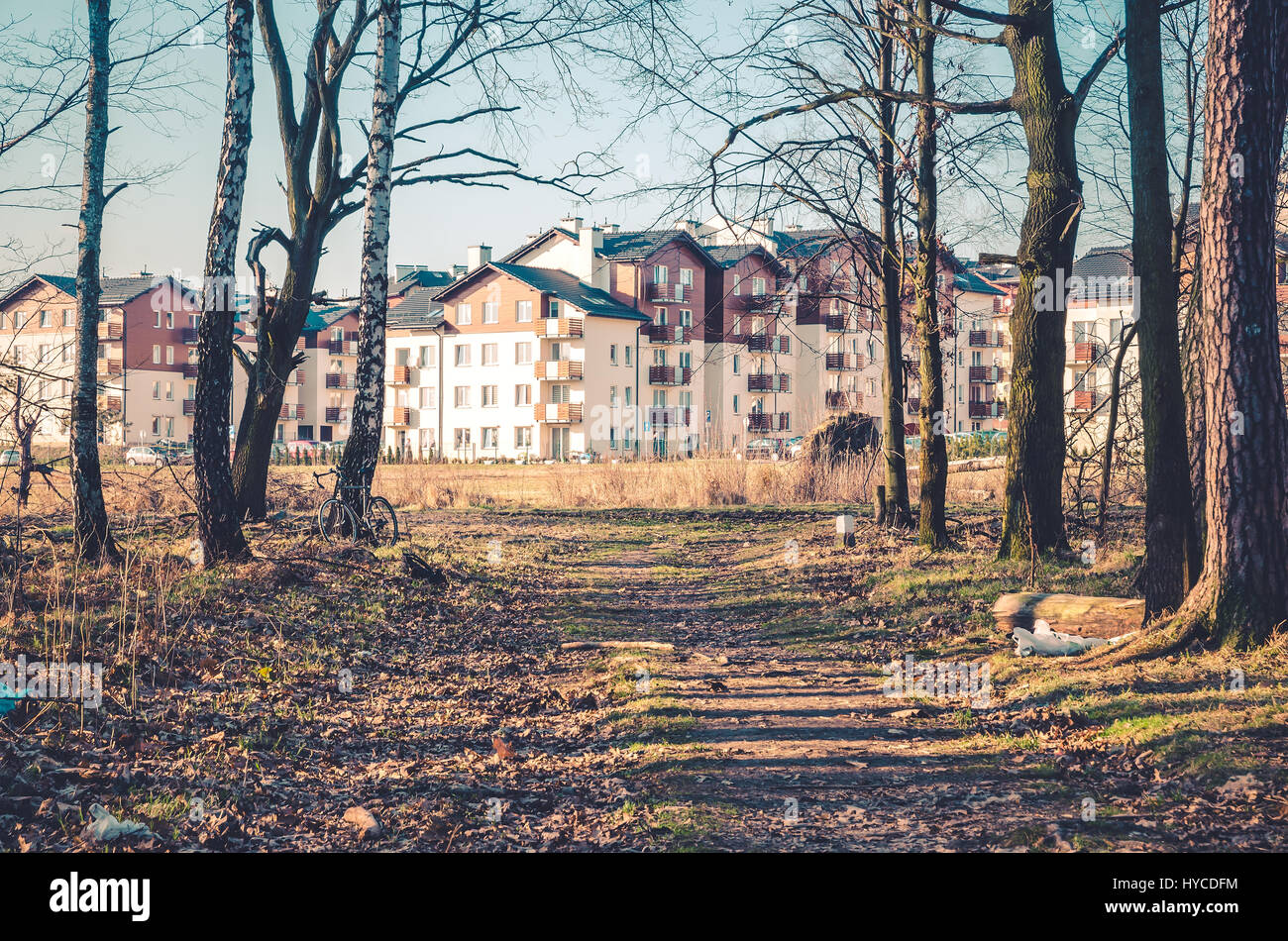 Forest urban landscape. Forest path overlooking the new housing estate. Stock Photo