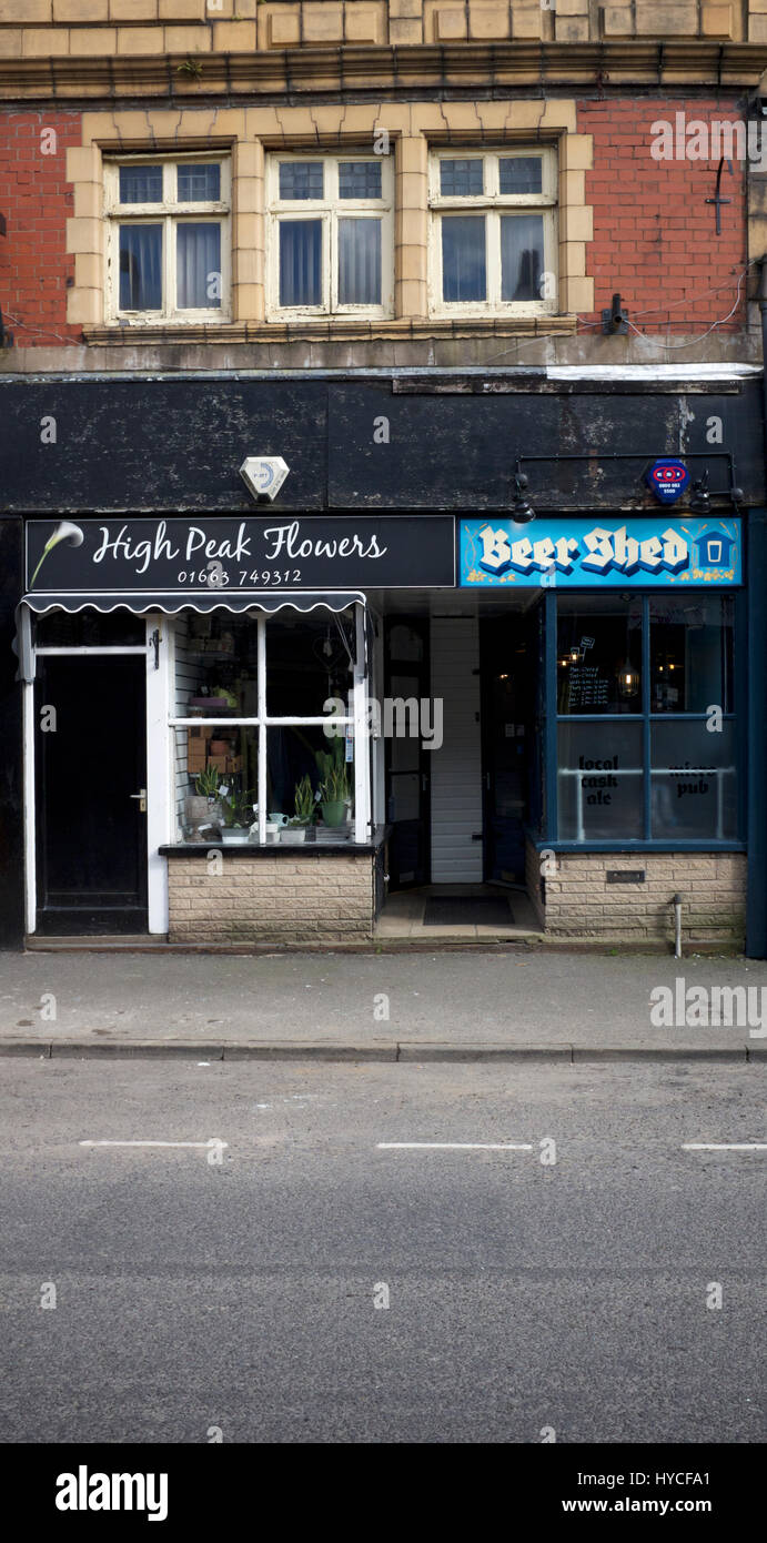 A florist's and beer shed on Market Street, New Mills, Derbyshire Stock Photo Alamy