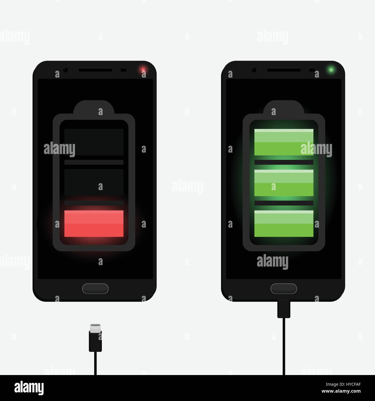 Mockup of two black smartphones charging with micro usb cables. One phone with no battery and another with fully charged battery. Smartphones isolated Stock Vector