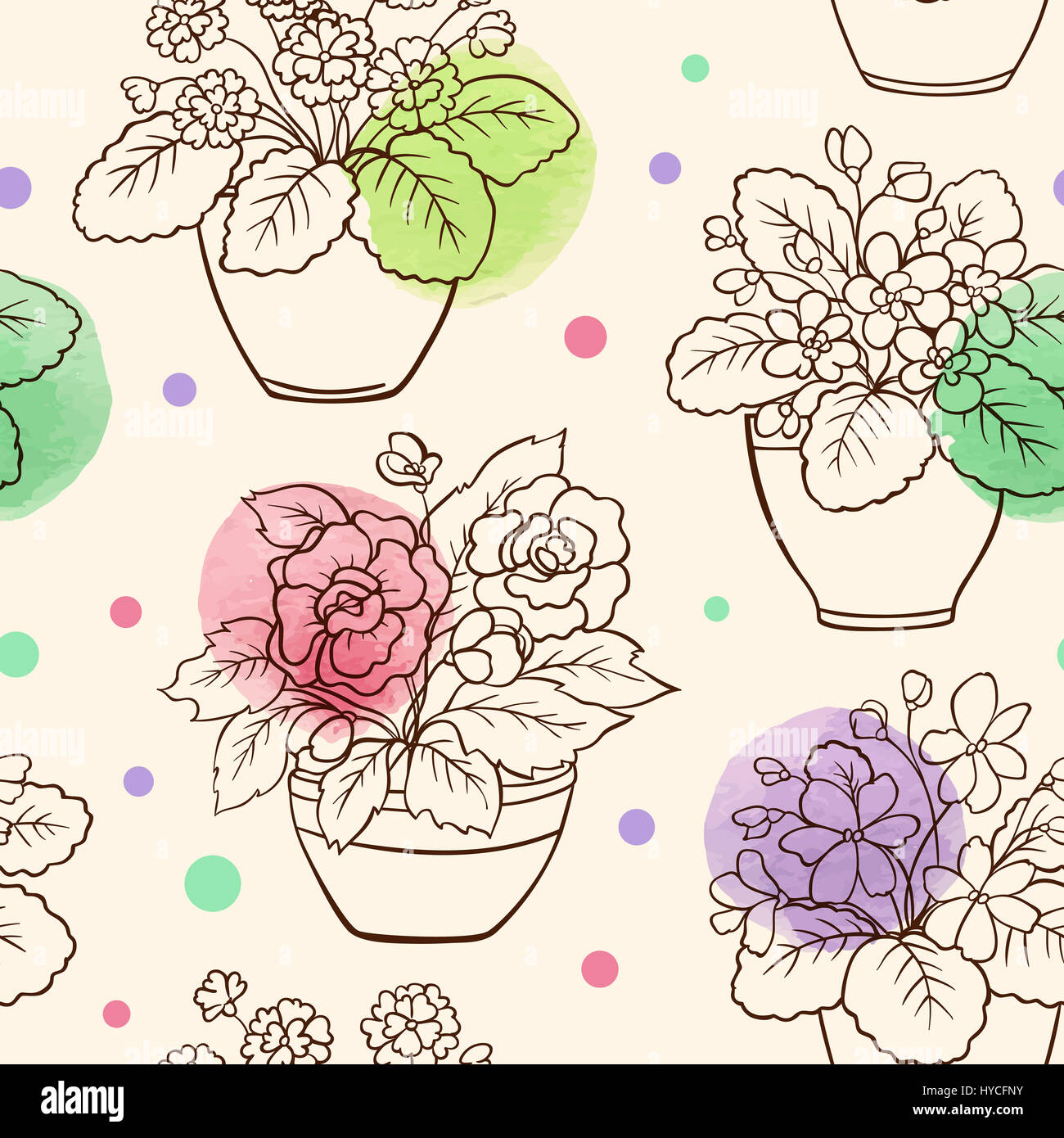 Seamless pattern with houseplants in flowerpot and watercolor blots ...
