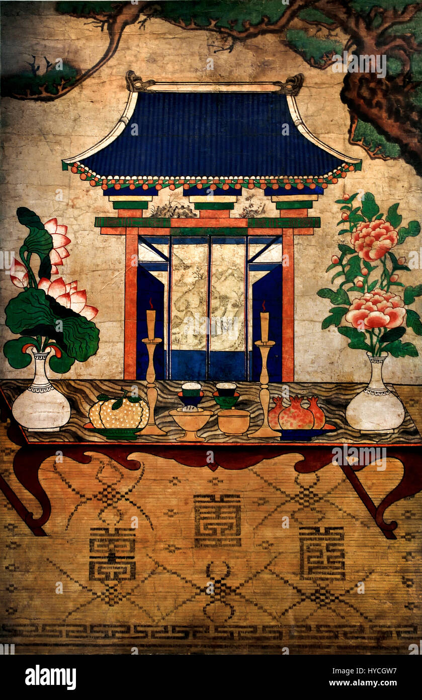 Ancestral shrine painting Joseon Dynasty  Date 19th Century  Asia,Korea, Korean .( Sacrificial table adorned with fruits, various foods, lighted candles and burning incense.Space for ancestral names. The table stands on a woven mat with three characters on it. ) Stock Photo