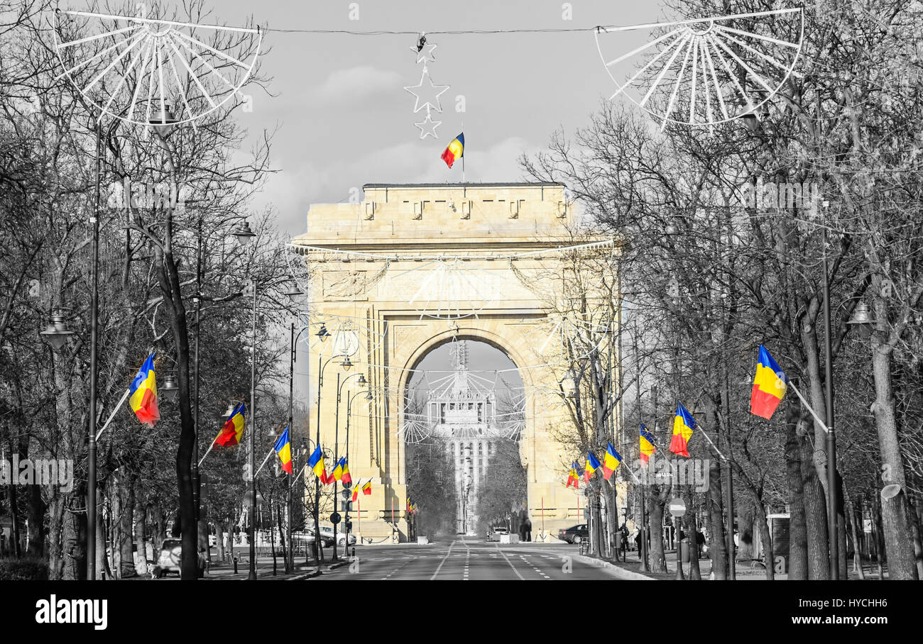The Arch Of Triumph Arcul De Triumf From Bucharest Romania National Day With Romanian Flags View From Kisseleff Avenue Stock Photo Alamy