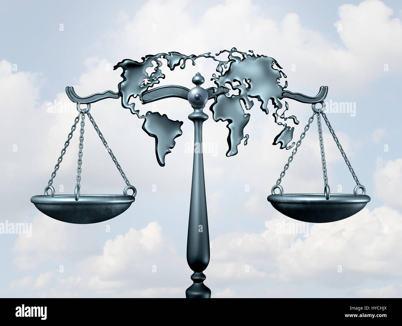 International law and global legal system concept as a justice scale shaped as the world as a metaphor for diplomatic treaty agreement. Stock Photo