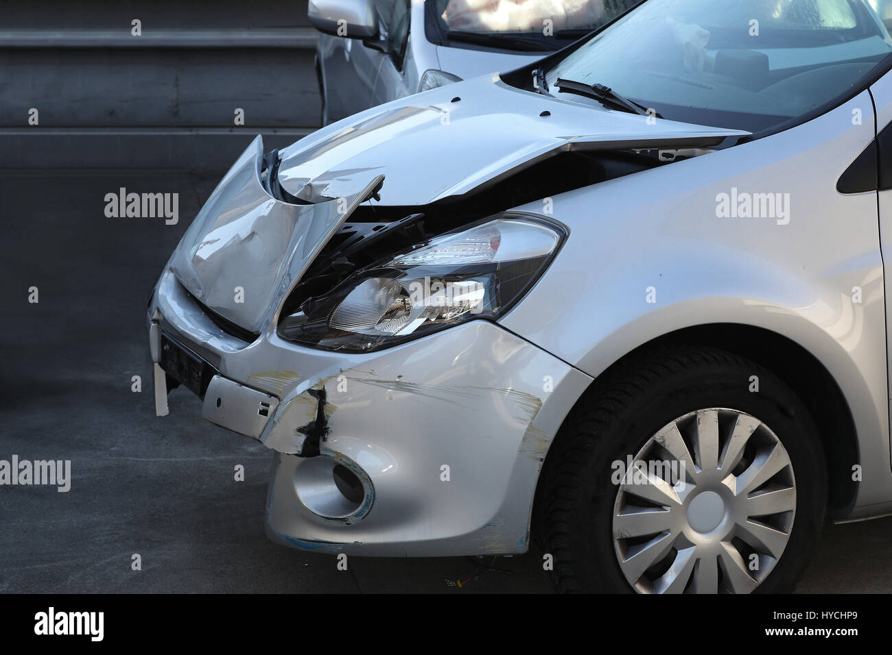Car accident front end damage detail Stock Photo Alamy