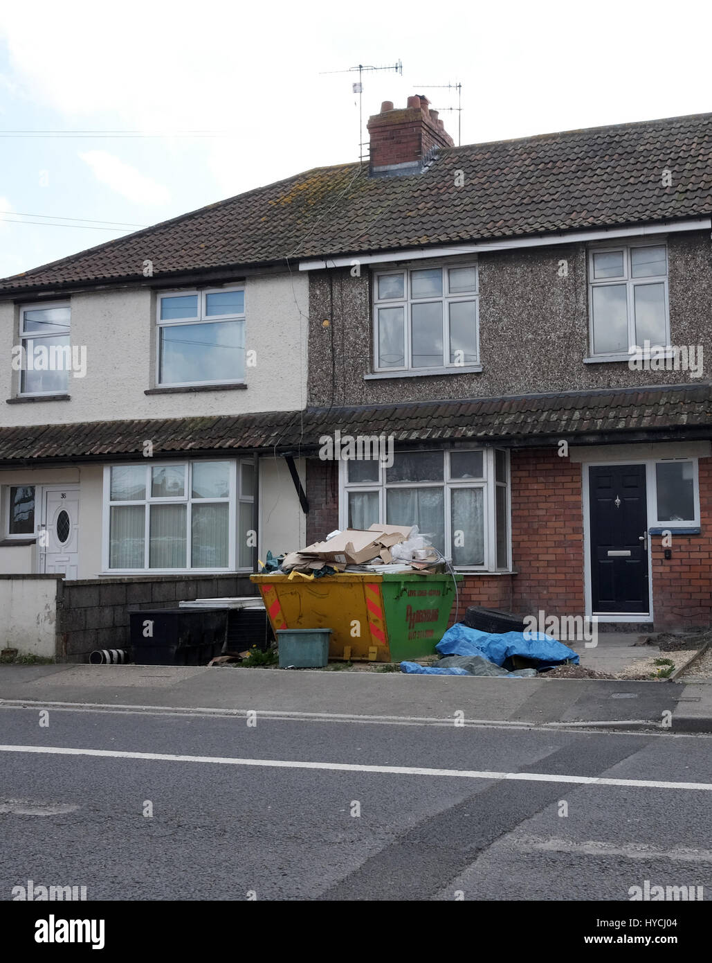30th March 2017 Rubbish skips outside 50 year old terrace of British