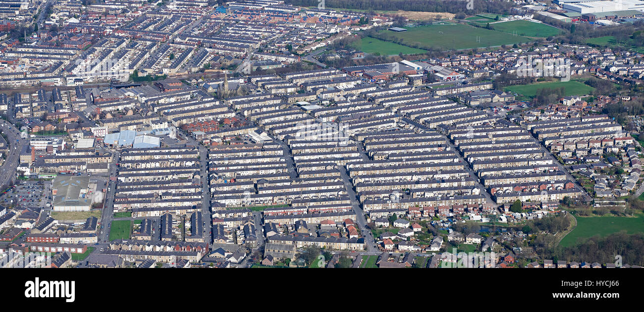 An aerial view of terraced housing at Accrington, North West England