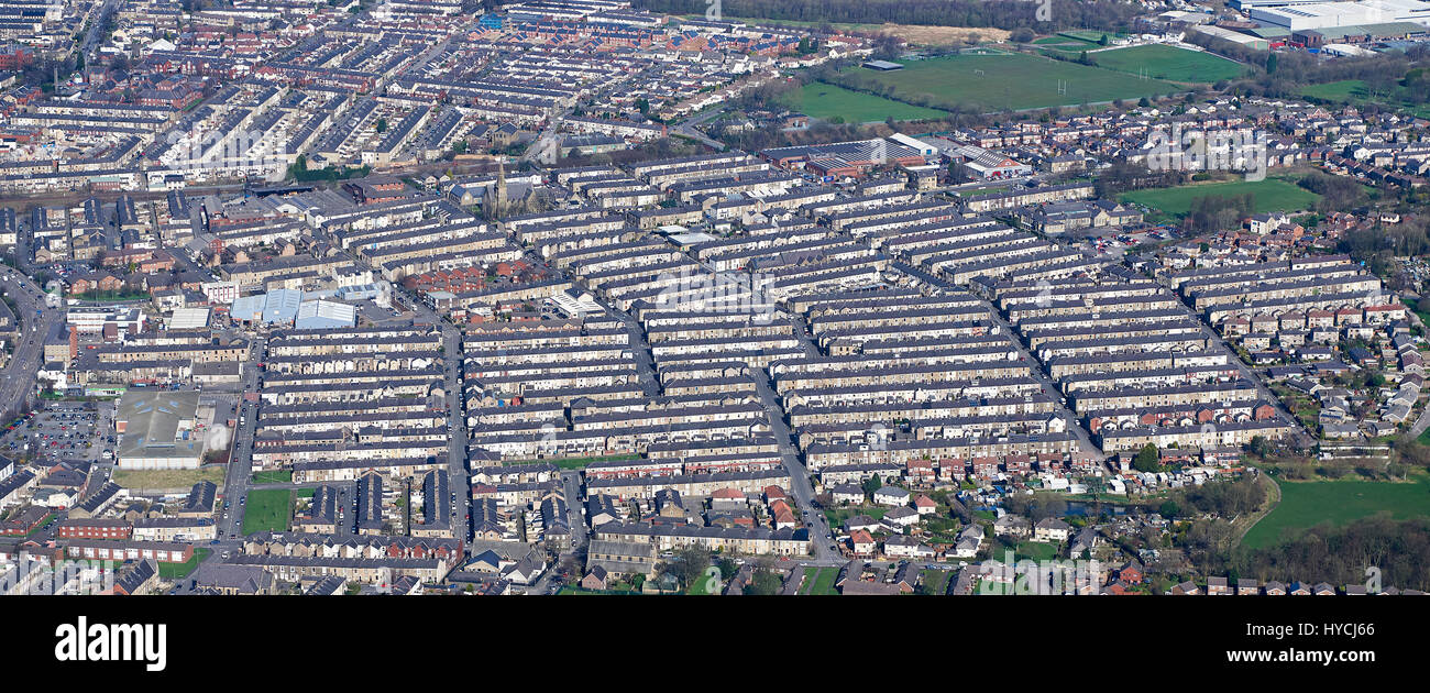 An aerial view of terraced housing at Accrington, North West England, UK Stock Photo