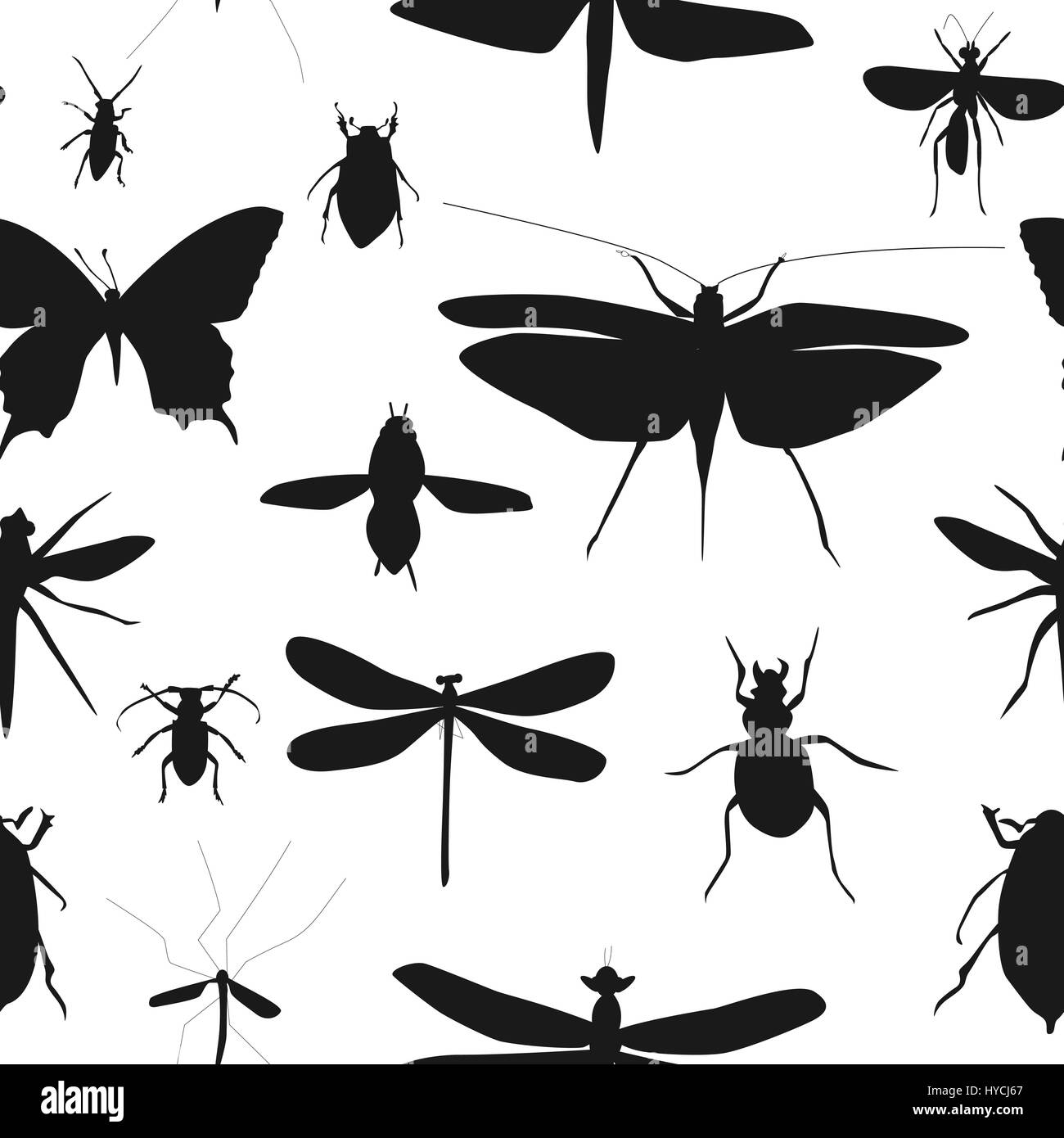 Silhouettes Set of Beetles, Dragonflies and Butterflies Seamless Stock Vector