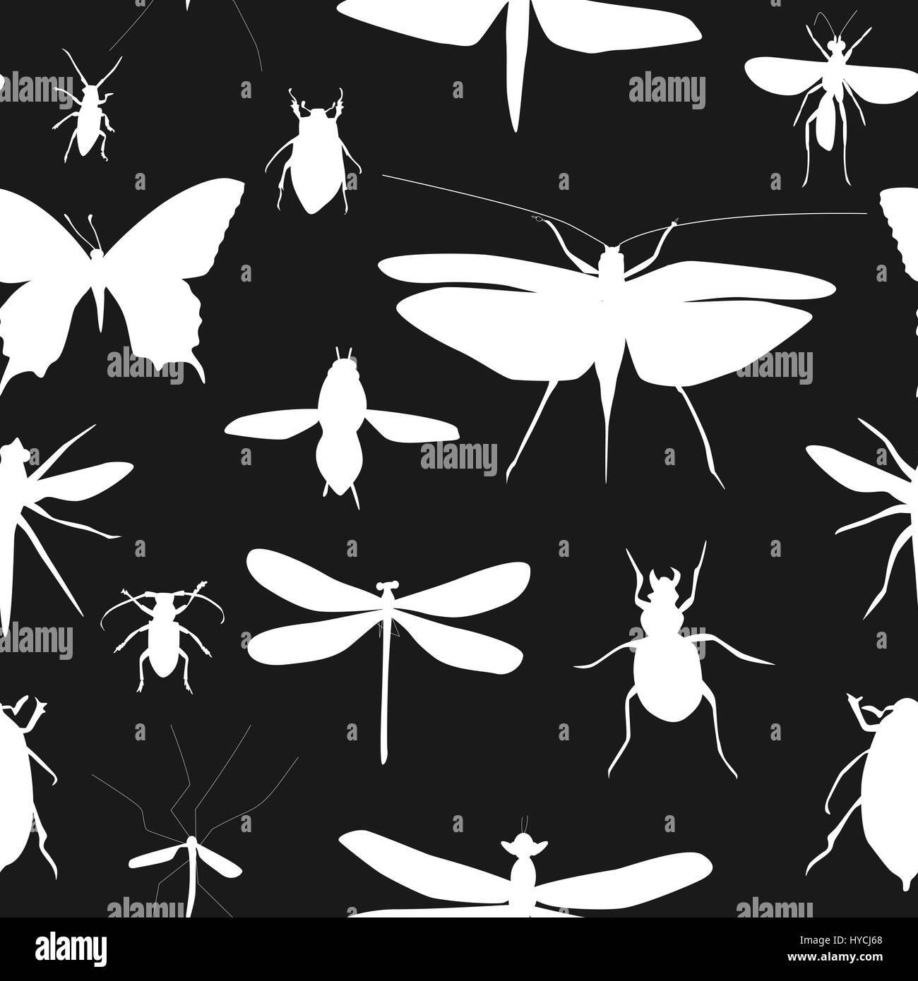 Silhouettes Set of Beetles, Dragonflies and Butterflies Seamless Stock Vector