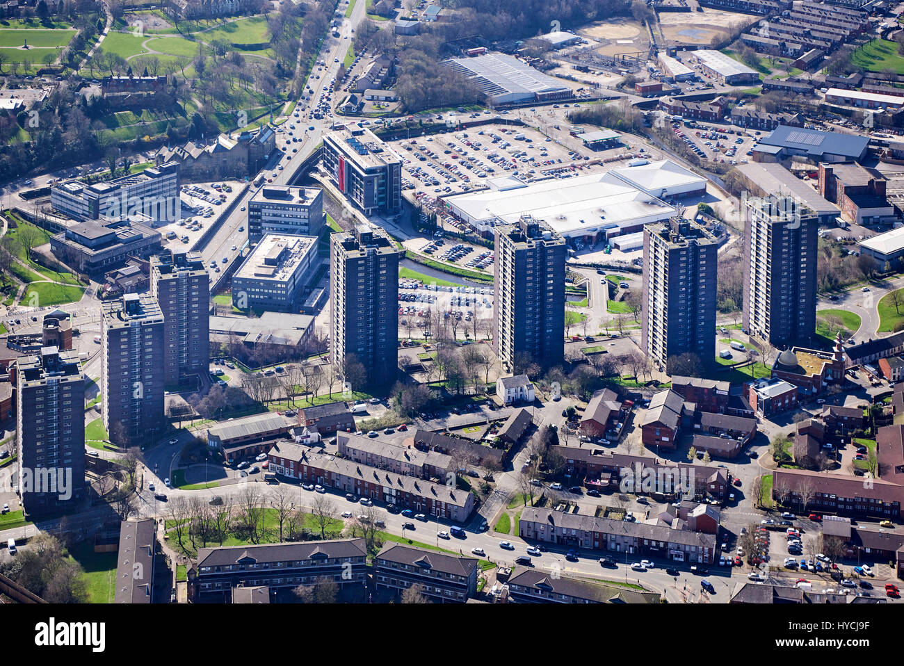 Local Authority High rise blocks, at Rochdale, from the air, North West England, UK Stock Photo
