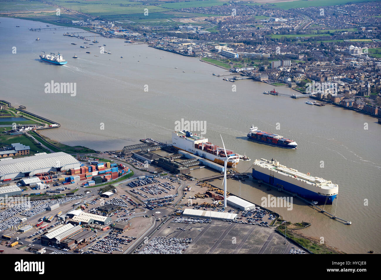 Aerial view of shipping on the Thames at Tilbury, South East England
