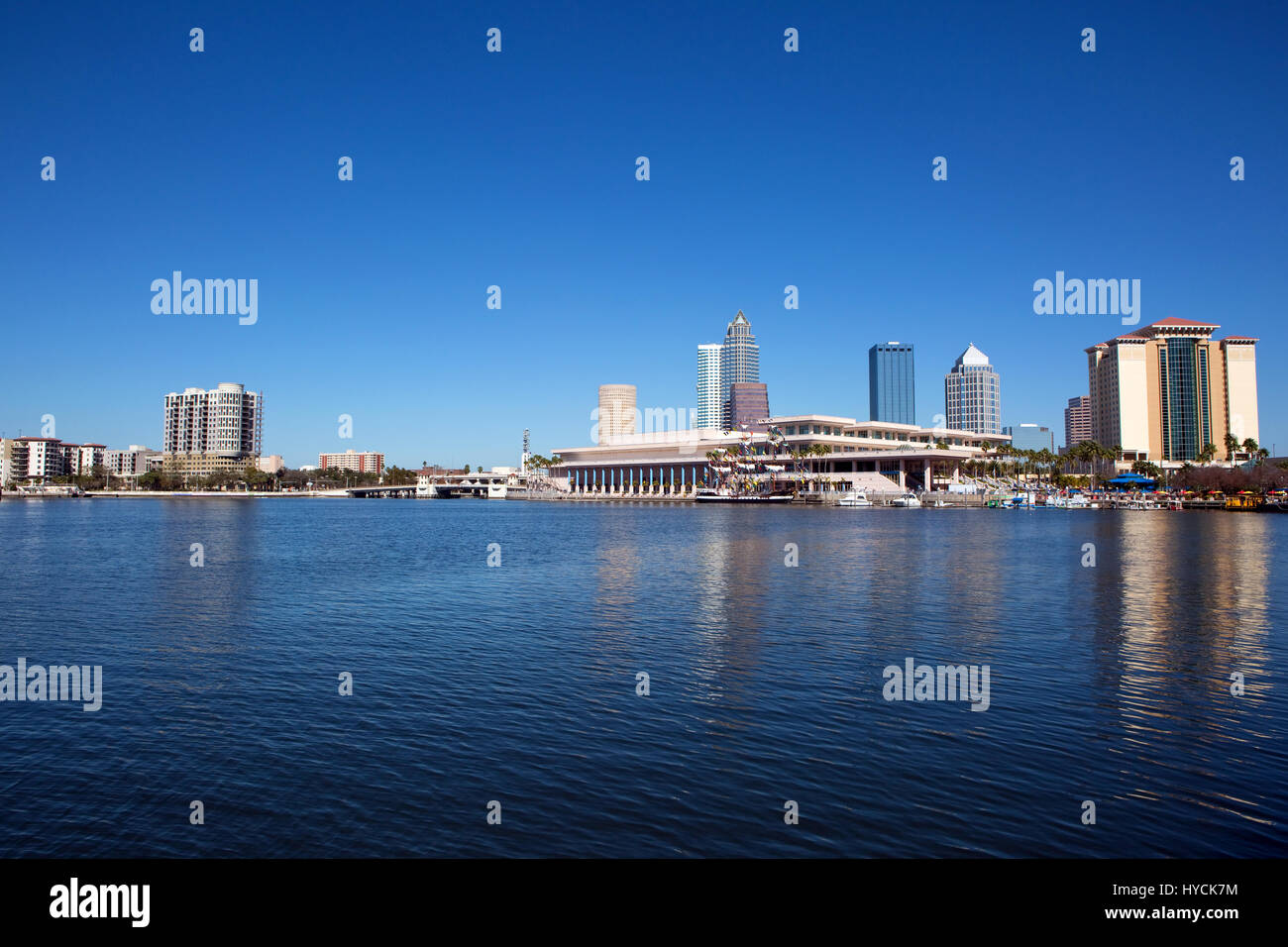 View of the Tampa Convention Center and the city skyline from across the Hillsborough River. The Tampa Convention Center is publicly owned and operate Stock Photo