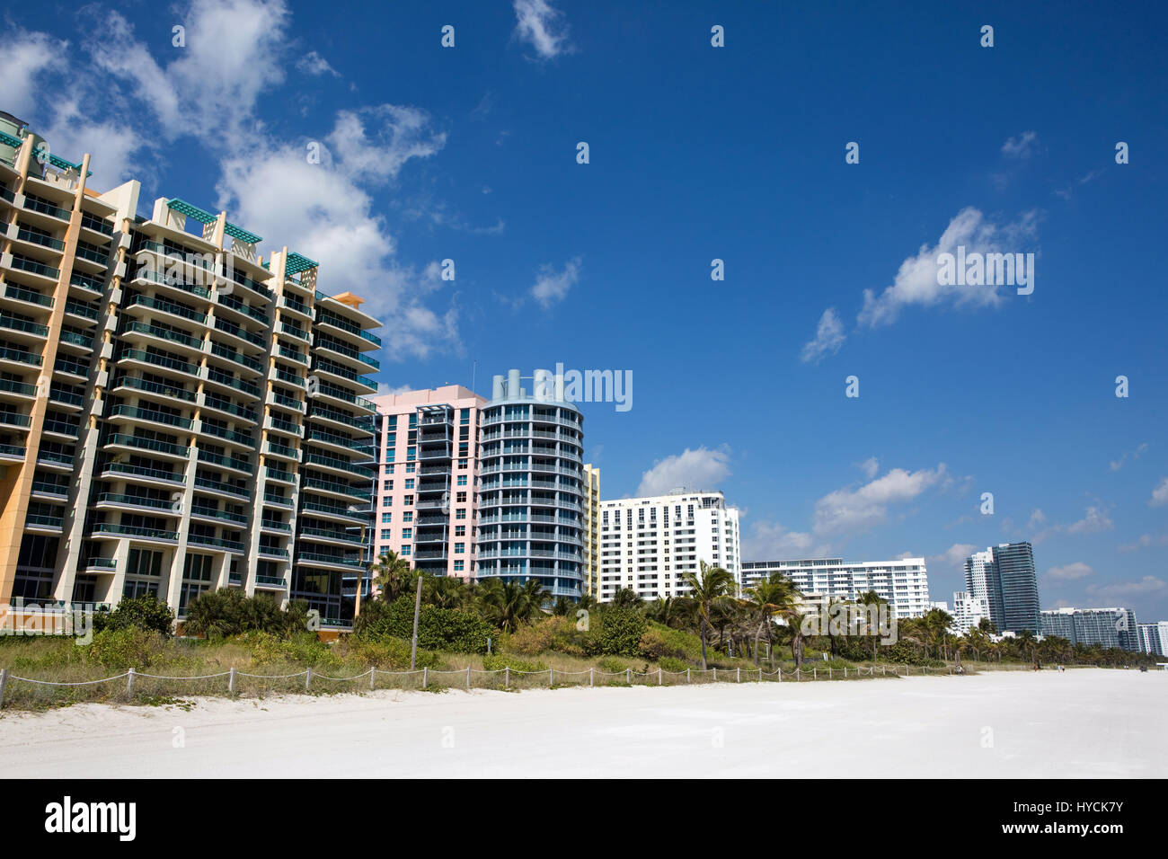 Hotels and condominiums line the white sandy Miami South Beach, Florida, USA. Stock Photo