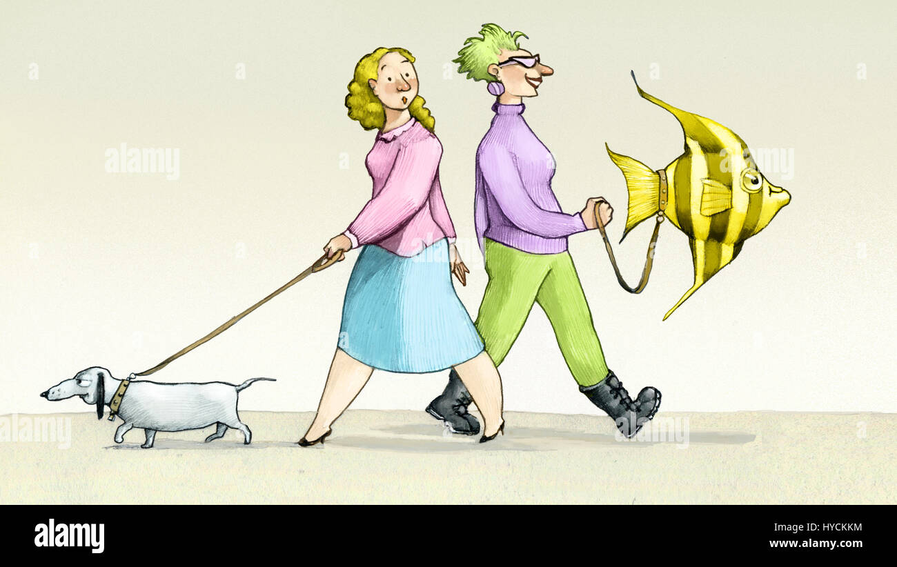a classic woman leads to walk the dog an eccentric woman leads to walk a fish Stock Photo