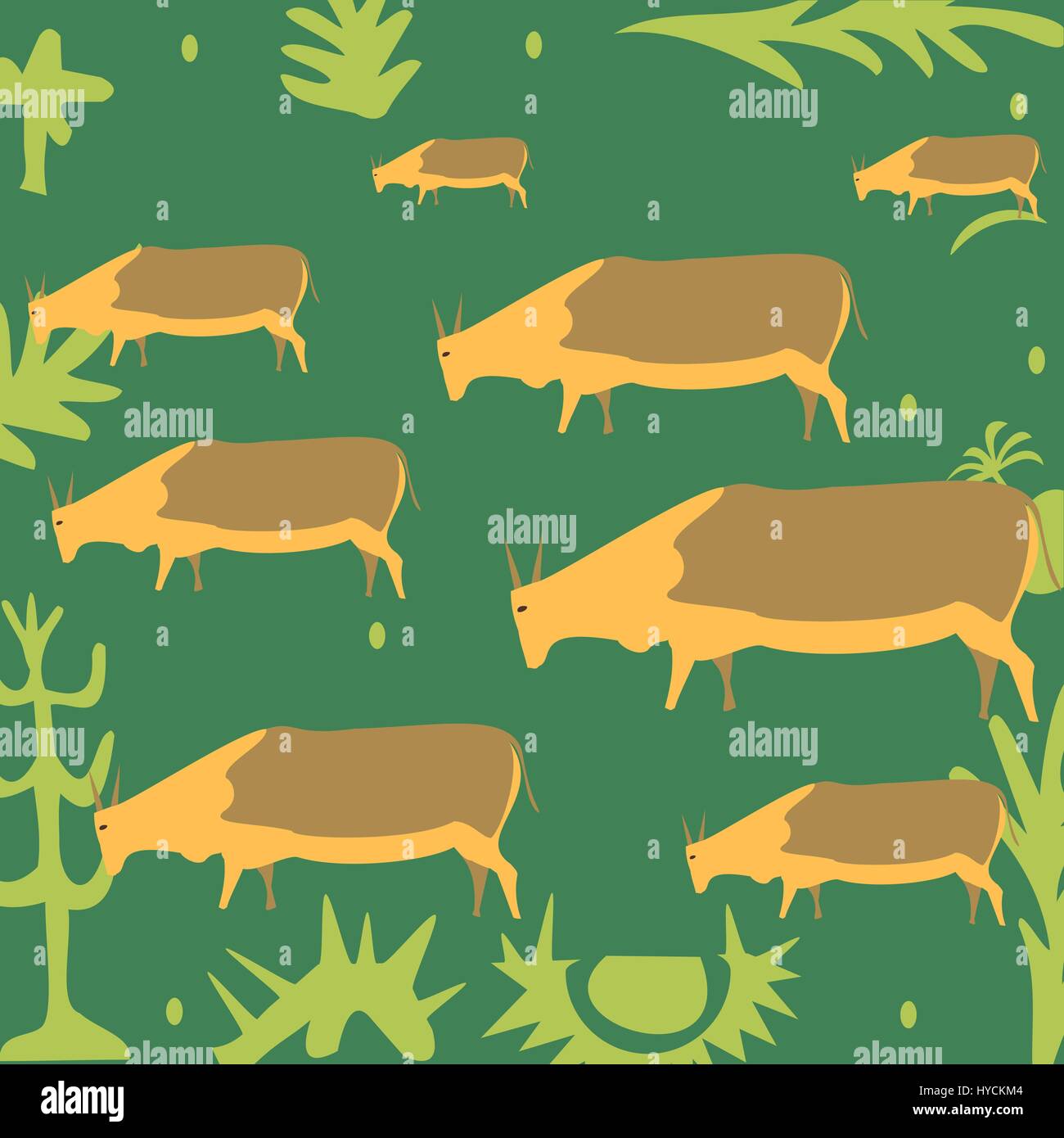 Farming abstract herd of brown cows on spring blooming meadow. Vector countryside background Stock Vector