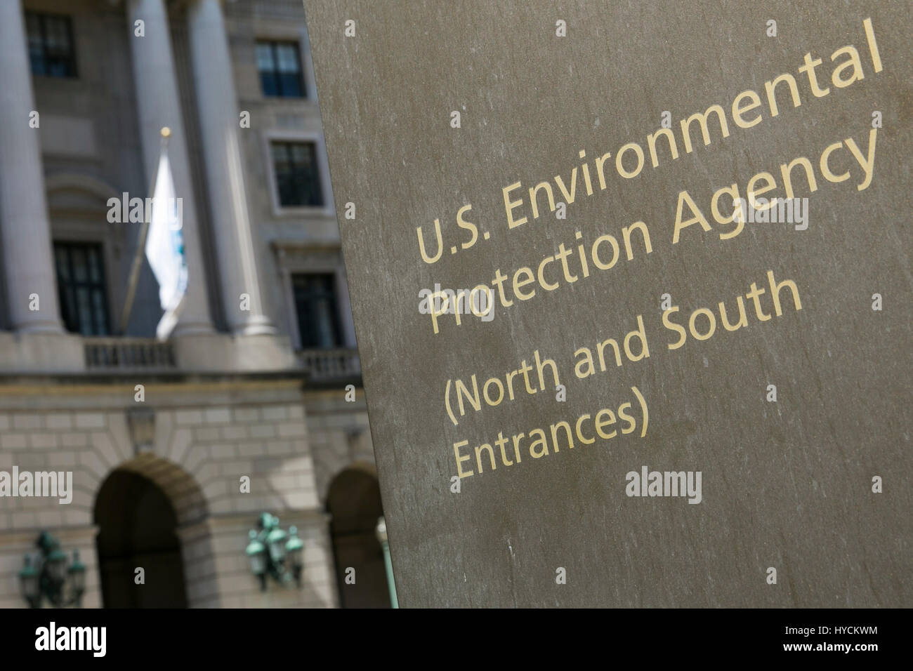 A logo sign outside of the headquarters of the United States Environmental Protection Agency (EPA) in downtown Washington, D.C., on April 2, 2017. Stock Photo