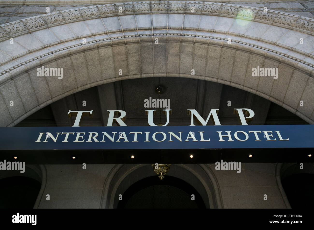 A logo sign outside of the Trump International Hotel in the Old Post Office building in downtown Washington, D.C., on April 2, 2017. Stock Photo