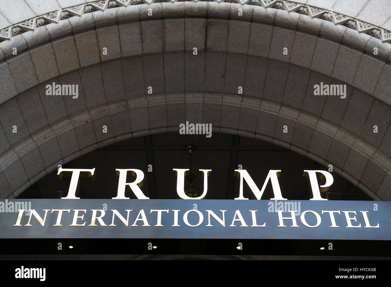 A logo sign outside of the Trump International Hotel in the Old Post Office building in downtown Washington, D.C., on April 2, 2017. Stock Photo