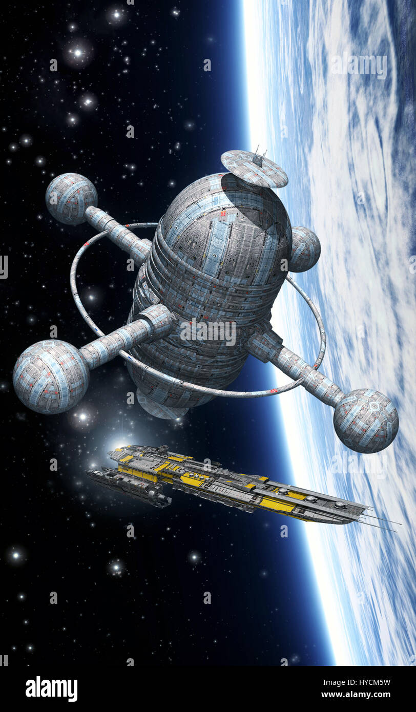 space station and planet 3D render science fiction illustration Stock Photo