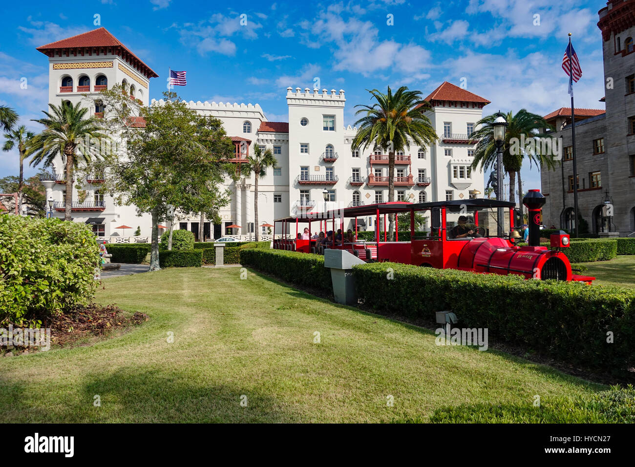 Red Train Tour in front of the Casa Monica Hotel, St Augustine, Florida Stock Photo