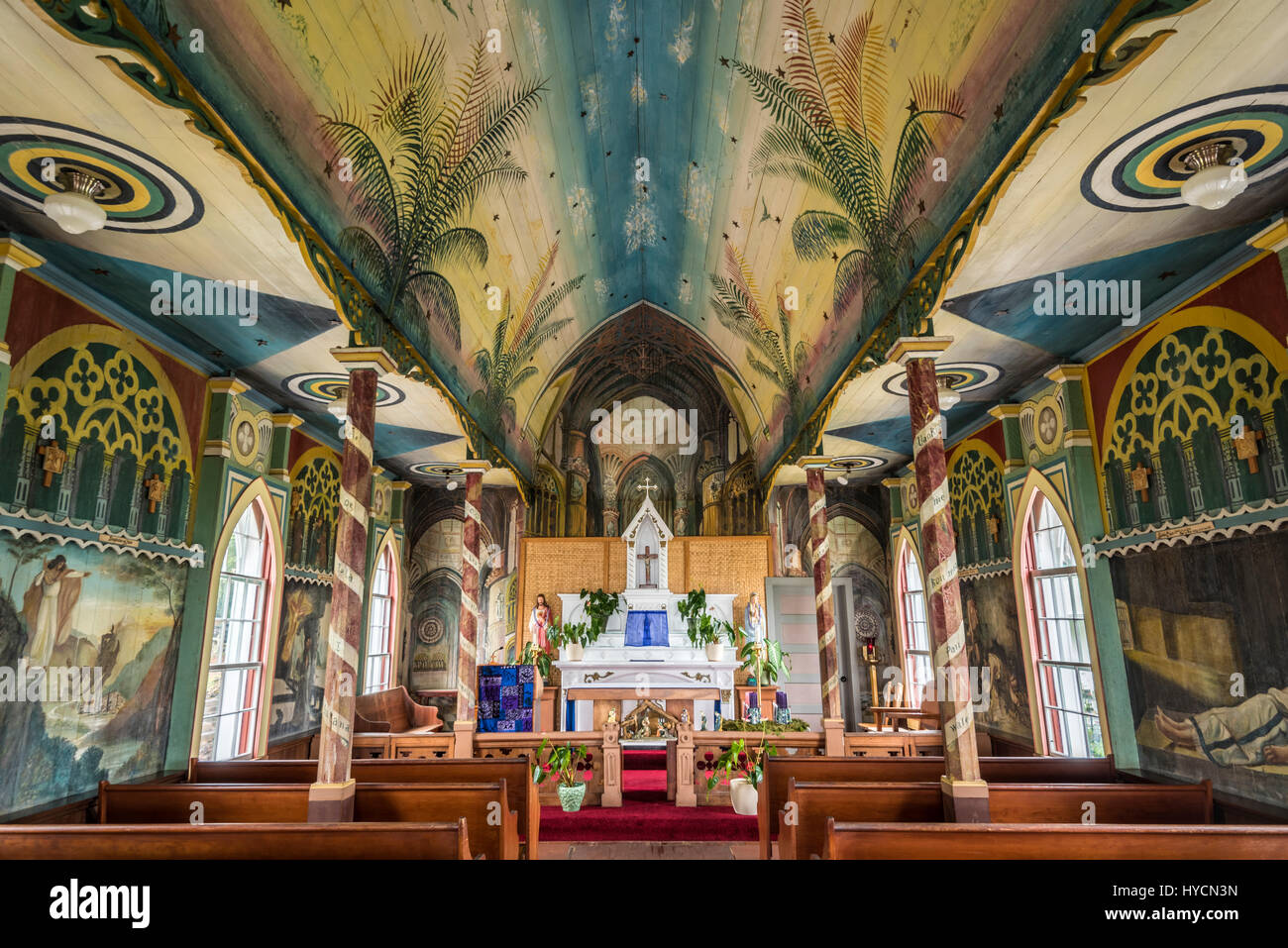 Interior of Saint Benedict's Catholic Church, the 'Painted Church', Honaunau, South Kona, Big Island of Hawaii. Stock Photo