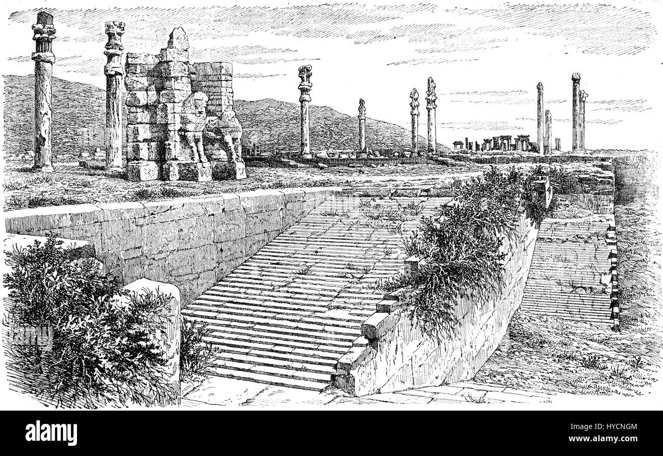 Vintage engraving of the ruins of Gate of All Nations or Gate of Xerxes palace in Assyrian style, located in Persepolis, Iran Stock Photo
