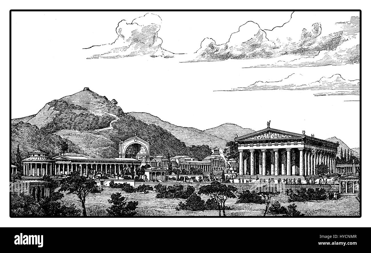 XIX century engraving describing how could have been the Sanctuary of Olympia  in Elis on the Peloponnese peninsula in the antique times, not damaged over the course of centuries. Stock Photo