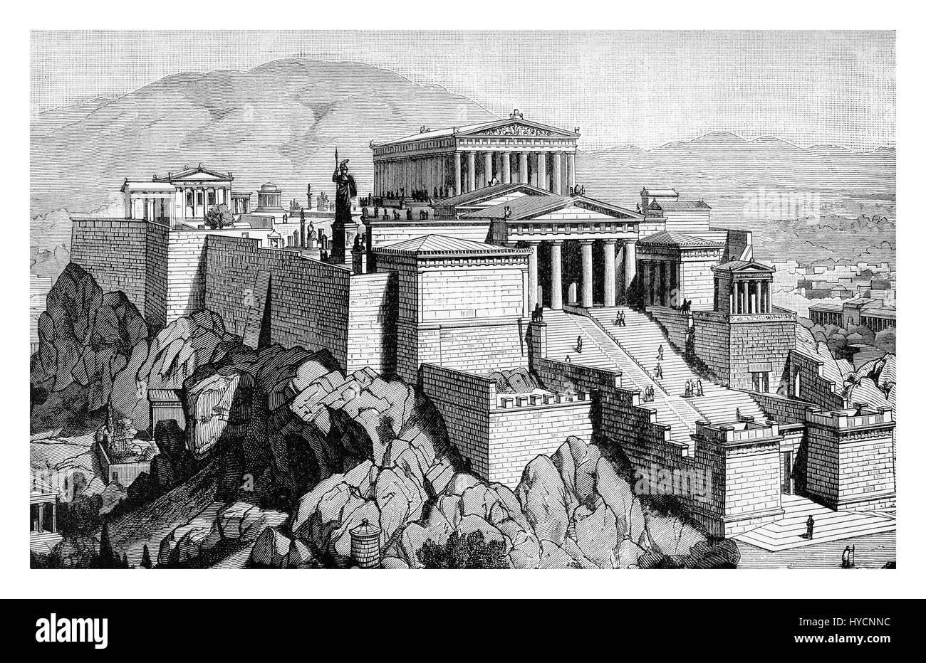 XIX century engraving describing how could have been the Acropolis of Athens in the antique times, not damaged over the course of centuries. Stock Photo