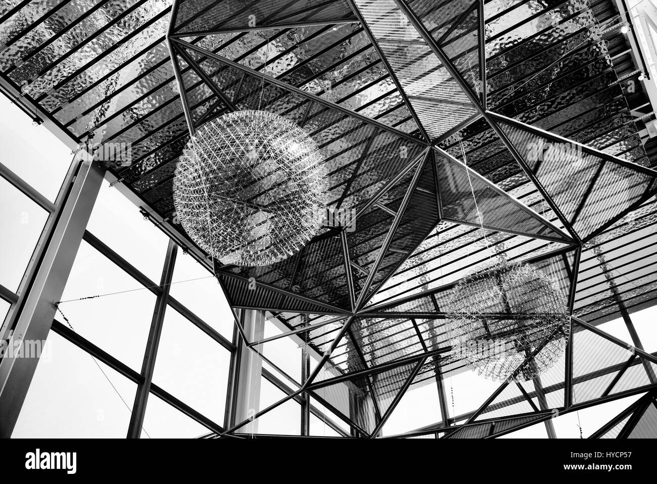 Malin Architectural Expanded Metal Kite sculptures at Centre MK, Milton Keynes Shopping Centre. Buckinghamshire, England. Black and white Stock Photo