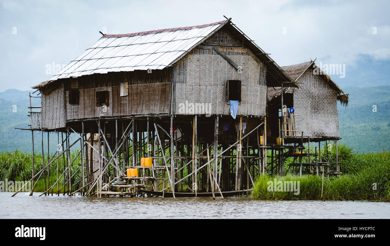 Landscape view of traditional wooden houses on Inle lake, Myanmar