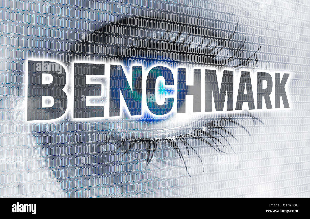Benchmark eye with matrix looks at viewer concept. Stock Photo