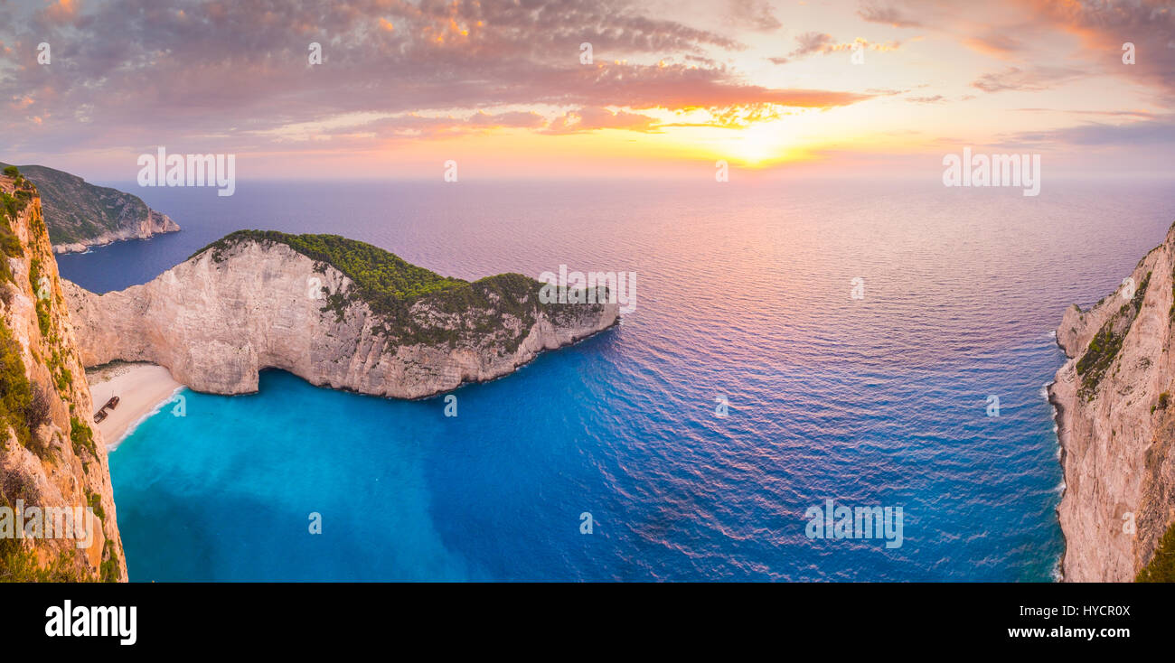 Panoramic landscape view of famous Shipwreck beach in Zakynthos at