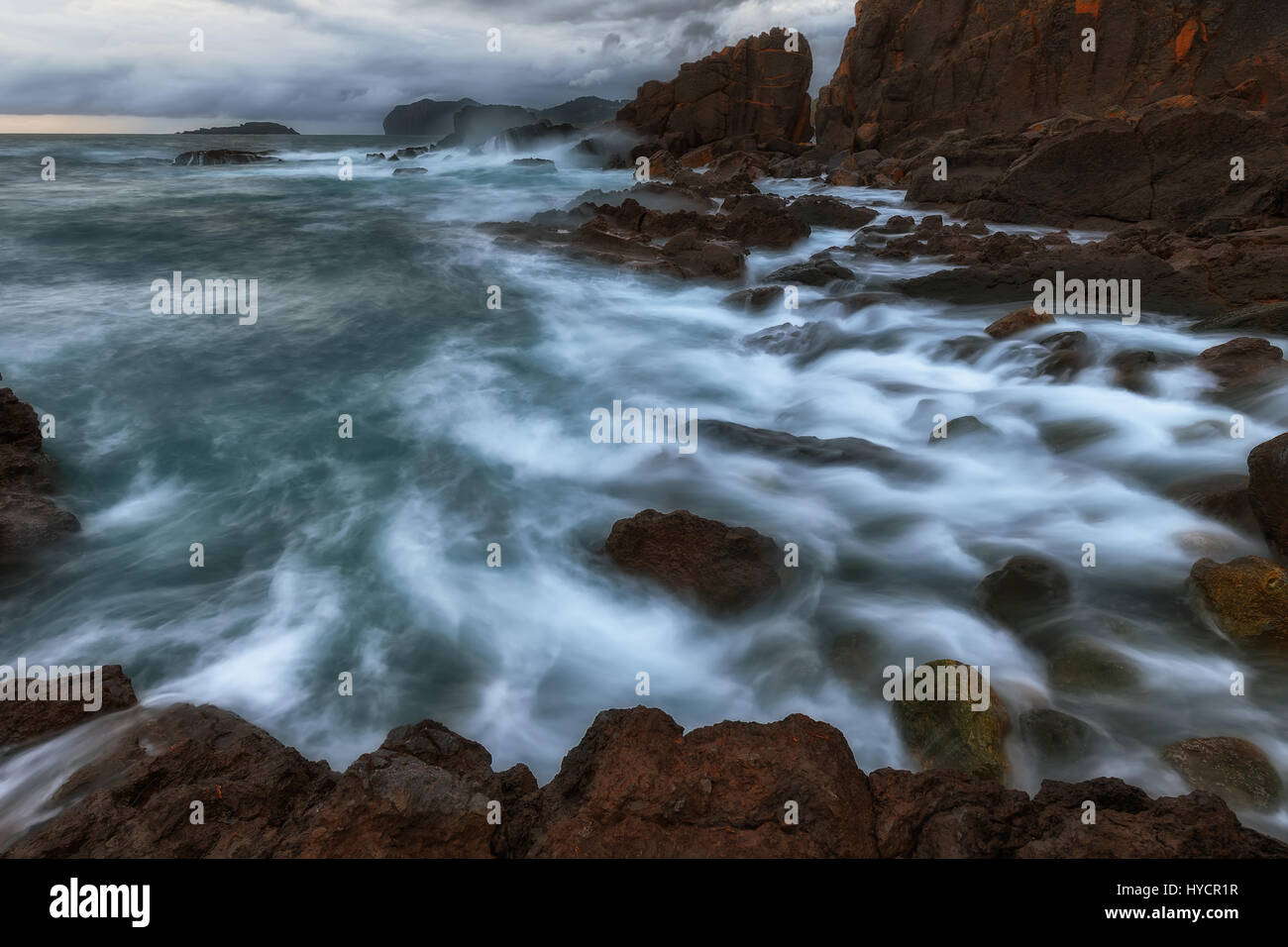 Waves and foam in the Cantabrico sea, in Bermeo Stock Photo