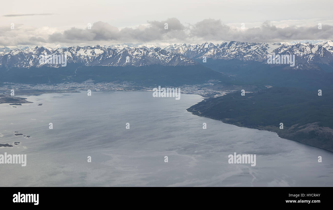 Beagle channel and Ushuaia seen from airplane(Argentina) Stock Photo