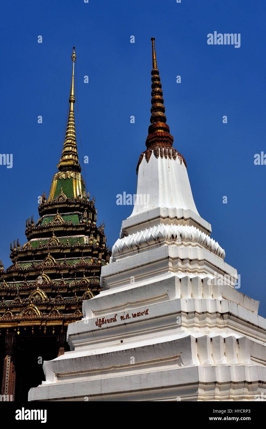 Saraburi, Thailand - January 8, 2013:  A stepped white Chedi and the great Mondorp built over the Lord Buddha's footprint at Wat Phra Phutthabat Stock Photo