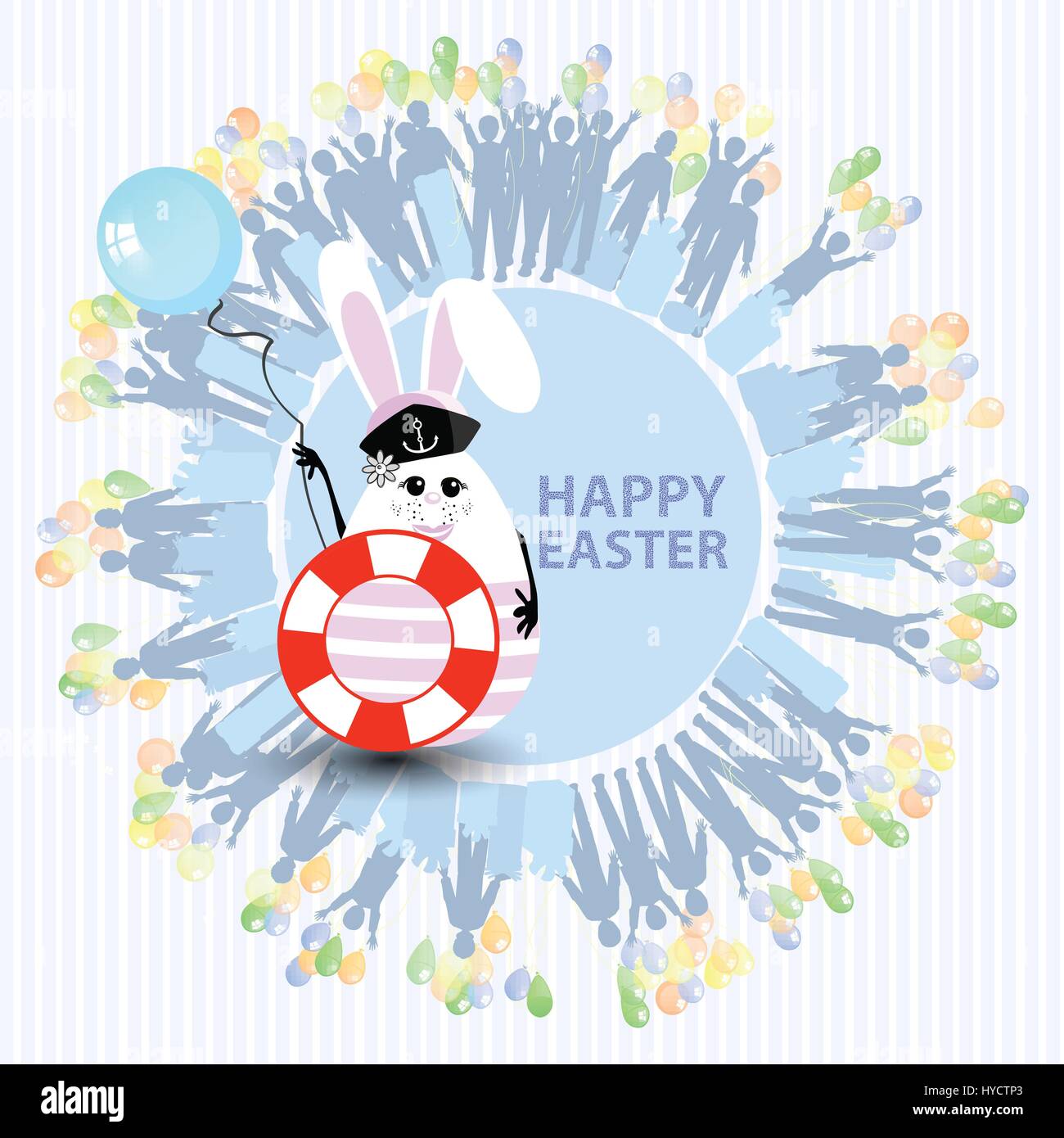 Easter cute illustration. Rabbit-egg in the shape of a young girl with a life buoy and with a blue balloon in her hands, on a circle background with s Stock Vector