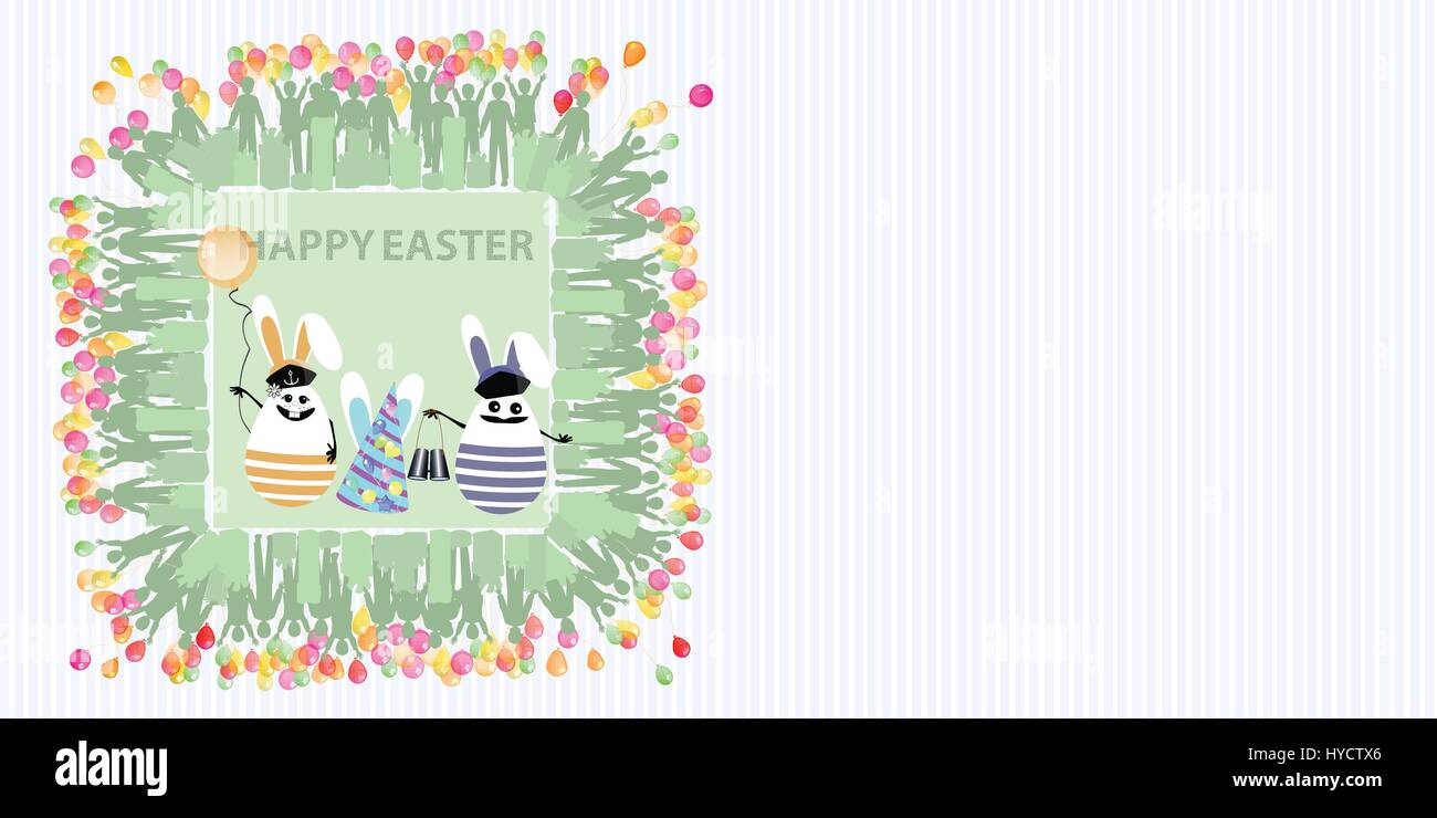 Easter illustration with place for text. Rabbits sailors with a balloon of air and binoculars, a girl and a man, against a striped horizontally orient Stock Vector