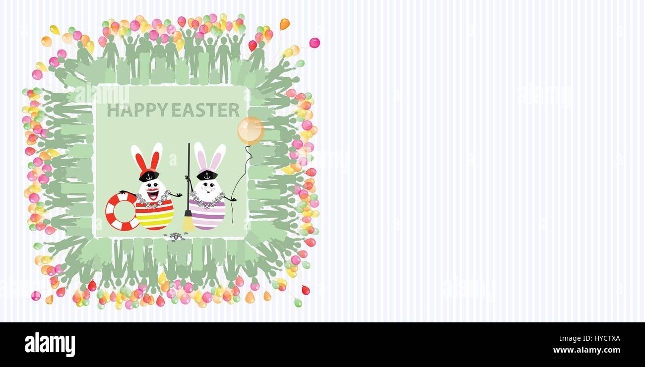 Easter illustration with place for text. Rabbits sailors with a balloon of air and life buoy and a broom against the background of a striped horizonta Stock Vector