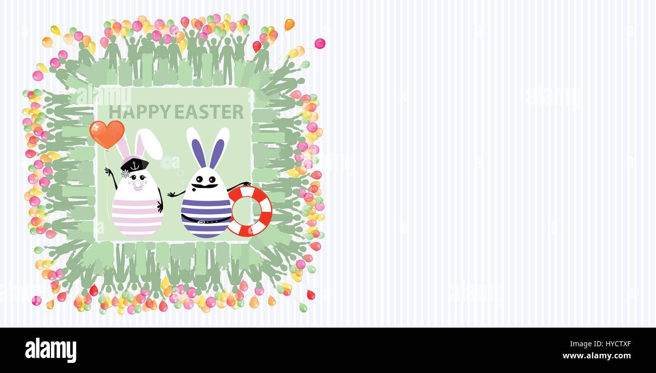 Easter illustration with place for text. Rabbits sailors with an air ball in the shape of a heart and a life buoy, a girl and a man, against a striped Stock Vector