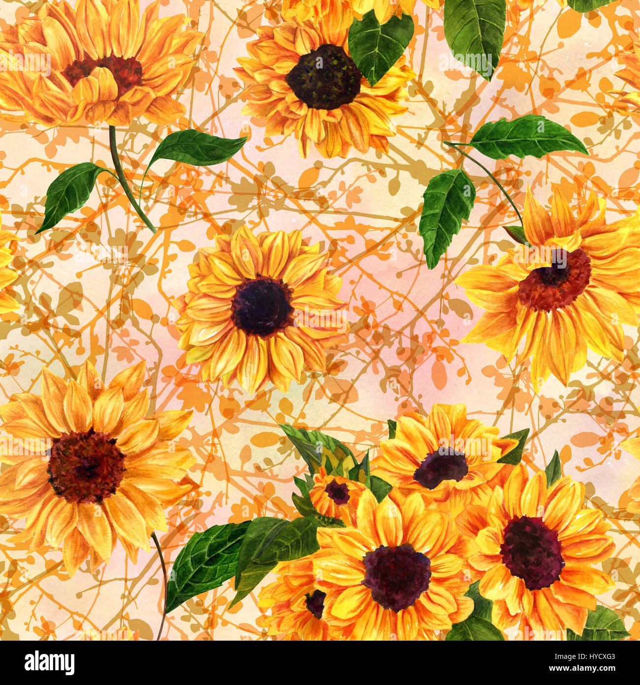 Seamless pattern with watercolor sunflowers and branches Stock Photo ...