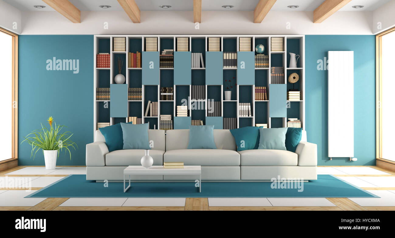 White and blue large living room with bookcase and sofa - 3d rendering Stock Photo