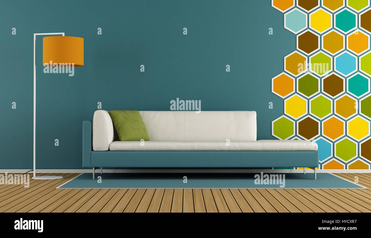 Living room with hexagon decorations on wall and modern sofa - 3d ...