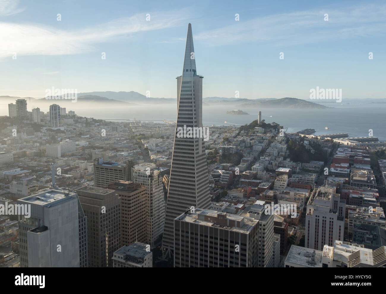 Aerial view of San Francisco Downtown and San Francisco Bay. Stock Photo
