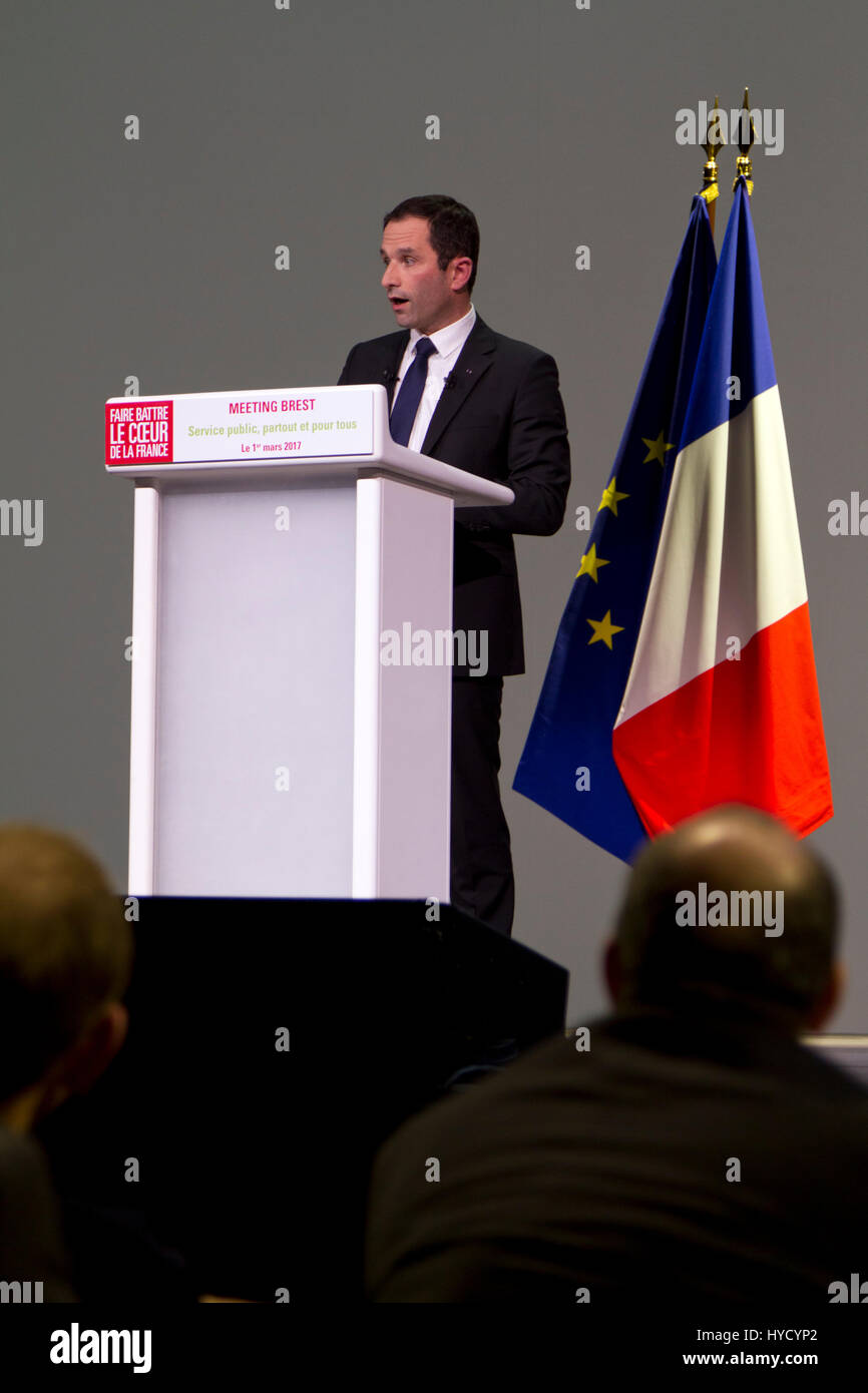 Brest.France.1st March 2017.French Socialist Party presidential candidate,Benoit Hamon,delivers a speech during a public meeting in Brest ,Brittany Stock Photo
