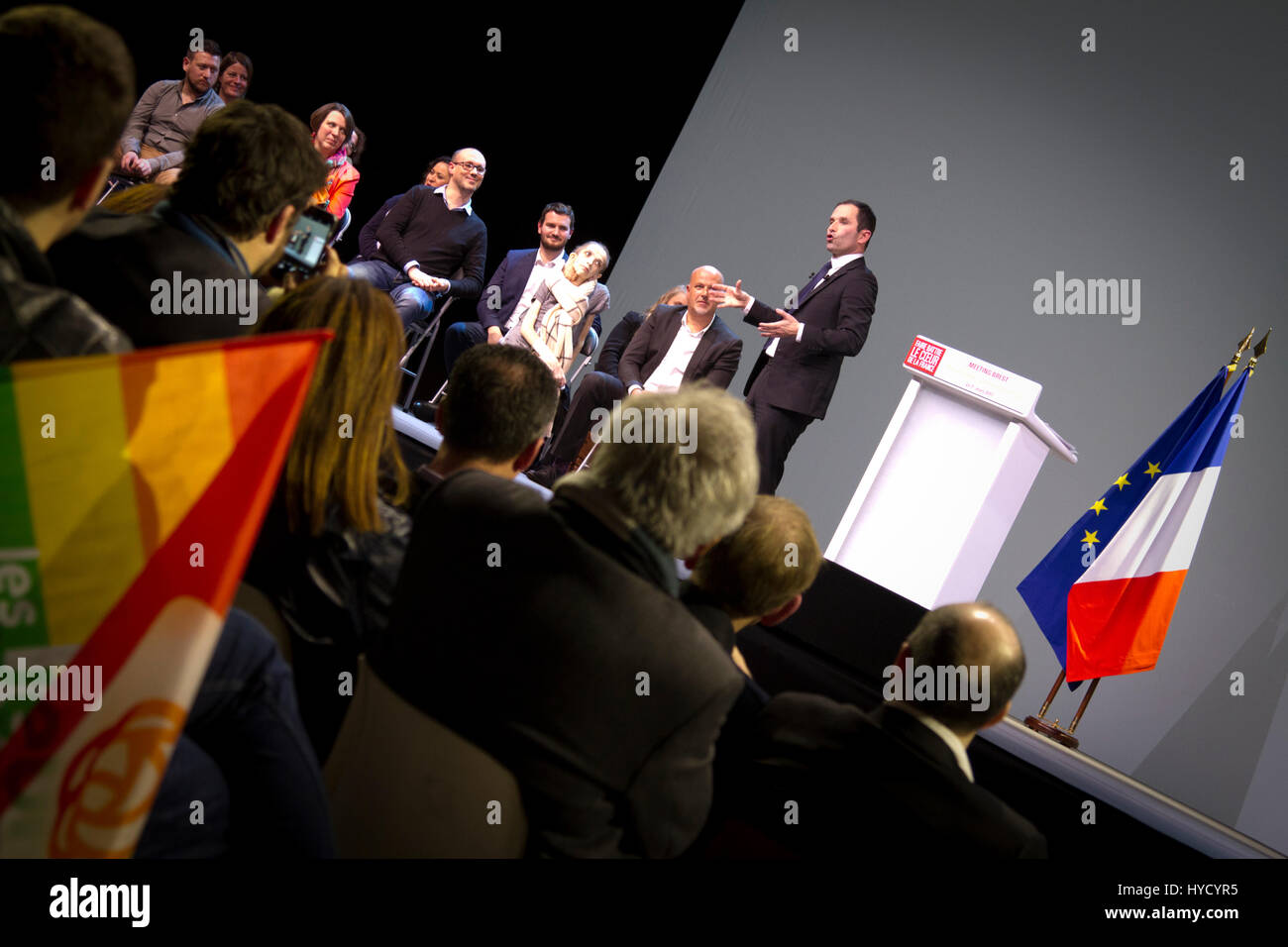 Brest.France.1st March 2017.French Socialist Party presidential candidate,Benoit Hamon,delivers a speech during a public meeting in Brest ,Brittany Stock Photo