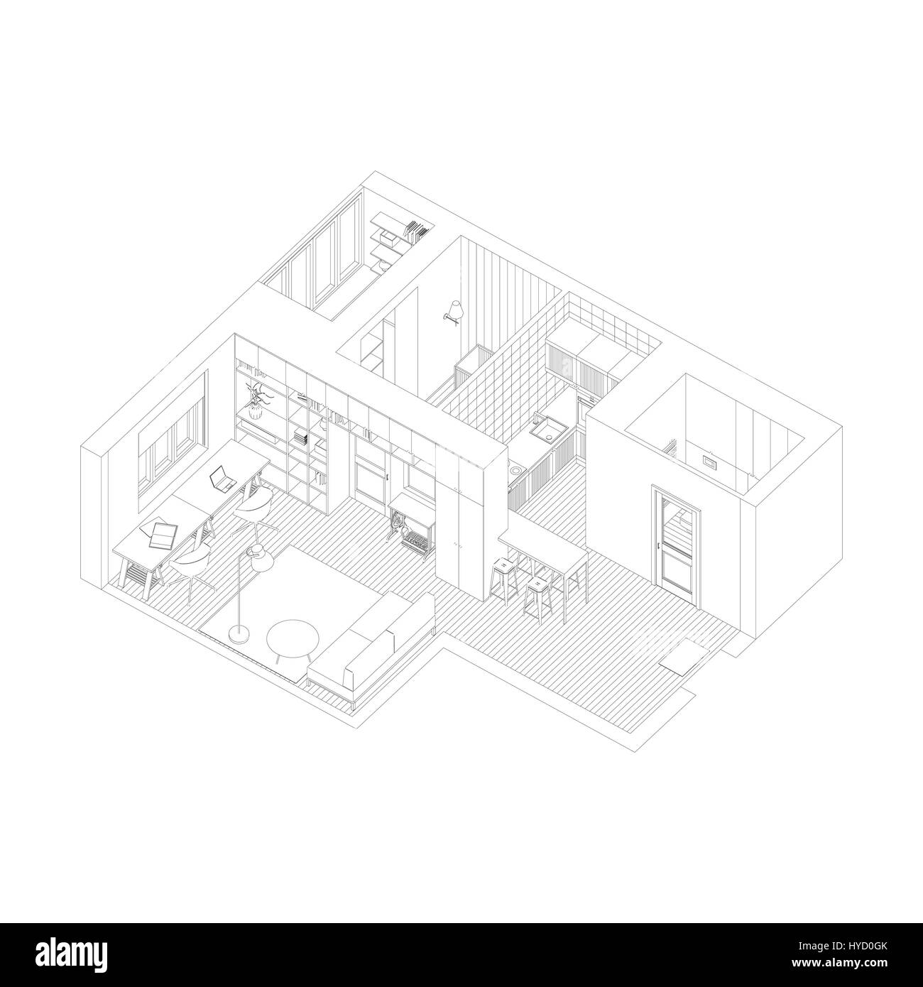 Line drawing of the isometric interior of apartment. Stock Vector