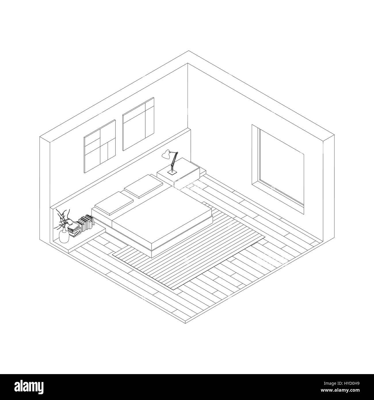 Line drawing of the interior of bedroom. Isometric view. Stock Vector
