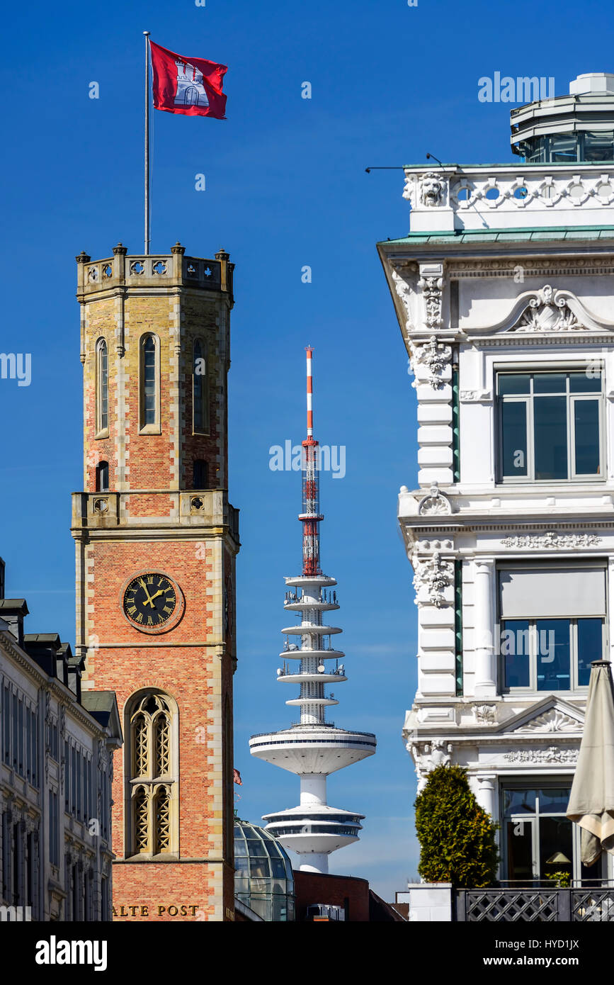 Old Post Tower, television tower and Alster Arcades in Hamburg, Germany Stock Photo