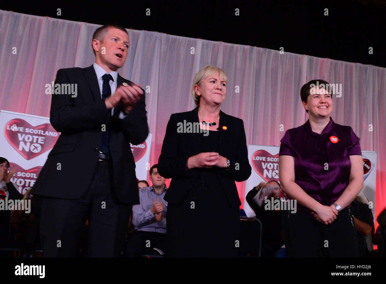 Leaders of the Scottish pro-union parties at a Better Together campaign rally in Glasgow (L to R Willie Rennie, Liberal Democrats; Johann Lamont, Labour; Ruth Davidson, Conservative) Stock Photo